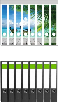 Produktbild von Wallario 8 Stück schmale Ordner inkl. Klebeetiketten mit Motive Sonnenboot in der Karibik -  Set mit Rückenschildern / Ordnerrücken Stickern