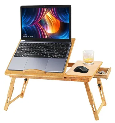 Produktbild von Laptop Tisch - Höhenverstellbarer klappbarer Betttisch - Kohlenstoffstahl - Mit Schublade und Schlitzen - Frühstückstablett - Holzoptik