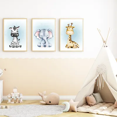 Produktbild von Safari Tiere 3er Set Bilder Zebra Elefant Giraffe Kinderzimmer Deko DIN A4 Poster Babyzimmer Wandbilder
