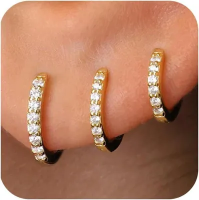 Image de FUNEIA 3 paires de créoles en argent 925 or Set de boucles d'oreilles pour femmes 14K plaqué or Mini créoles A-Gold