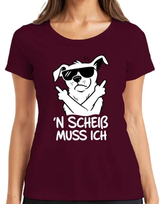 Productafbeelding van "N Scheiß" T-shirt voor dames, met een afbeelding van een hond, een middelvinger, een zonnebril, humoristisch en sarcastisch, kleur: bordeauxrood, maat: XXL