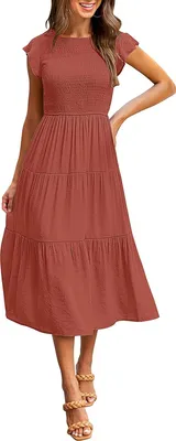 Produktbild von ASKSA Damen Elegant Kleid Maxikleid A-Linie Swing Boho Flatterärmel Kleider, Rust, S