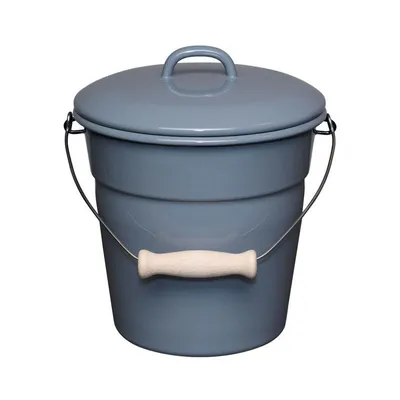 A gray bucket with a lid and a wooden handle is shown against a white background.