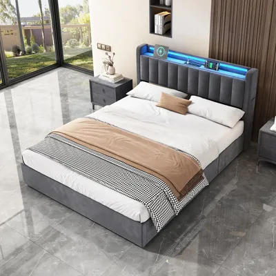 Obrázek produktu pro MODFU Čalouněná postel 140 × 200 Dětská postel s LED světlem a zásuvkami, Boxspring postel s úložným prostorem, šedá (bez matrace)