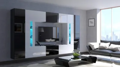 Obrázek produktu pro Furnitech TV nástěnná sestava do obývacího pokoje - Moderní designový nábytek do obývacího pokoje se sloupky, vitrínami a úložným prostorem (Julian AN67-19BW-HG1)
