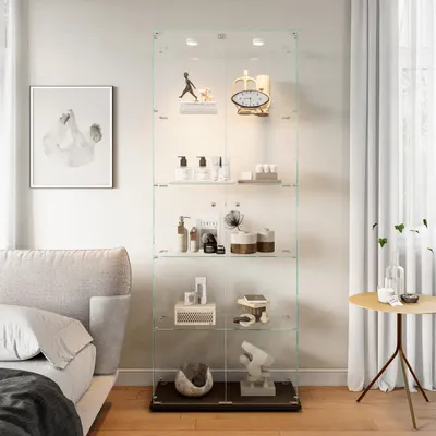 Produktbild von UnboxG Glasvitrine 5 Ebenen, LED-Lichtband oder Spots, schwarz/weiß, 78,5×34,5×186,5 cm, stimmungsvolle Beleuchtung