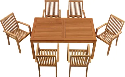 Produktbild von Garten-Essgruppen Premium Teak Sitzgruppe aus 6 Stapelstühlen und 1 Ausziehtisch modernes Teak-Gartenmöbel Set mit Auszugstisch