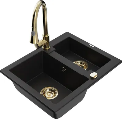 Produktbild von Mexen Carlos 1,5-Becken-Granitspüle mit Mischbatterie Elia, Schwarz - 6518-77-670101-50
