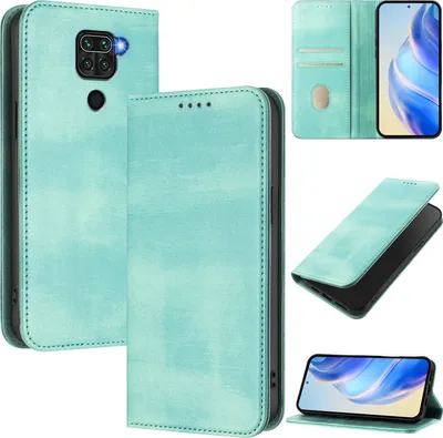 Produktbild von Handyhülle für Xiaomi Redmi Note 9, Vintage Leder RFID Schutz Kartenfach Standfunktion Magnetische Klapphülle Türkis