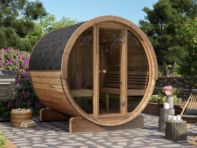 Produktbild von Fjordholz Fass-Sauna Modell Ergonomic 180 mit Vollglasfront