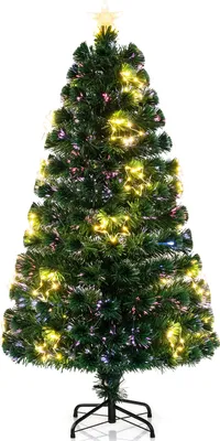 Produktbild von COSTWAY Künstlicher Weihnachtsbaum 150cm mit Sternspitze, 24 warmweißen LEDs & 170 Zweigspitzen, Tannenbaum aus Glasfaser, Christbaum Kunstbaum