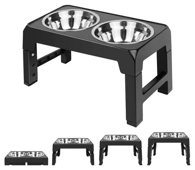 Image de Support surélevé pour gamelles d'animaux de compagnie - Support pour gamelles réglable en hauteur - Double gamelle 2 x 1200 ml - Gamelles en acier inoxydable - Antidérapant - Pour chiens et chats - Noir
