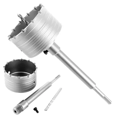 Produktbild von Bohrkronen-Set: 100 mm Bohrkronen, mit 220 mm SDS-Plus-Verlängerung. Kernbohrer für Mauerwerk, Beton und Naturstein. Aus Kohlenstoffstahl, Hartmetall