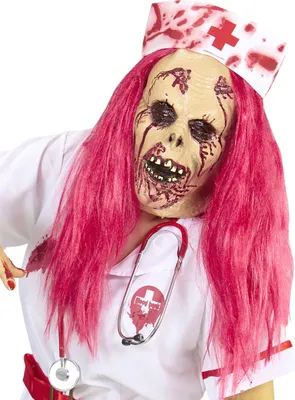 Produktbild von Unheimliche Zombiekrankenschwester-Maske für Erwachsene beigefarben-weiß-rot -