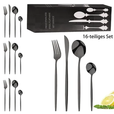 Imagen del producto de Disfrute de una cena elegante con este juego de cubiertos de acero inoxidable de alta calidad, compuesto por 16 piezas, en color