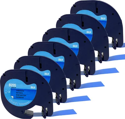 Produktbild von DULA – Dymo LetraTag 91205 Etiketten – Schwarz auf Blau – 12 mm x 4 m – 6 Stück