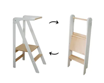 A white wooden learning tower shown in two states: unfolded and folded.