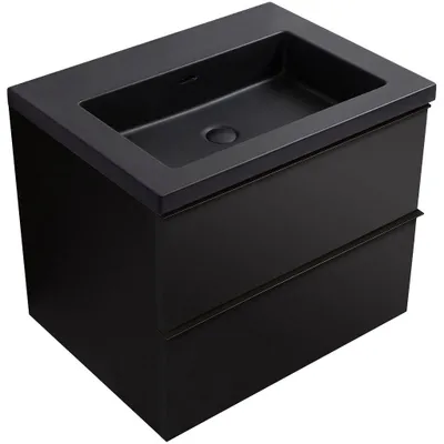 Obrázok produktu pre Kúpeľňová skrinka Velora – matná čierna, úchytky čierne + umývadlo z liateho mramoru Ovo – matná čierna – 60,5 x 58 x 46,5 cm