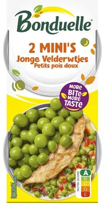 Produktbild von Bonduelle Jonge Velderwtjes 2 Mini's, 150g – Frische grüne Erbsen Snack & Beilage