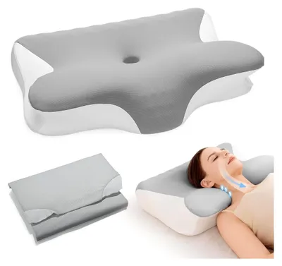 Produktbild von Orthopädisches Nackenkissen - Memory-Schaum-Kissen mit Höhenverstellung für Seitenschläfer, Ergonomisches Nackenstützkissen mit 2 Bezügen, Weiß & Grau