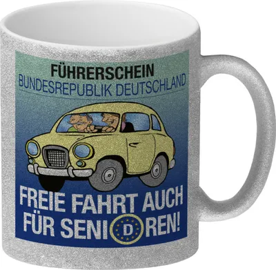 Produktbild von Freie Fahrt auch für Senioren Glitzer-Kaffeebecher mit Oldtimer Motiv