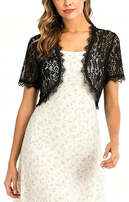 Productafbeelding van Elegante Korte Mouwen Kant Bolero Jacket voor Bruiloften Zomer Zwart L