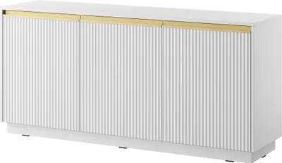 Produktbild von Kommode 150 cm Baron - Sideboard mit 3 türen, Wohnzimmerkommode, geriffelten Fronten, Gold Accessoires - Weiß