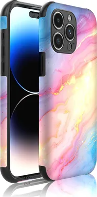 Productafbeelding van Smartphonica telefoonhoesje, geschikt voor iPhone 14 Pro Max, met beschermende rand en regenboogglitter-marmerprint - achterkant.PhoneCase met regenboogglitter-marmerprint