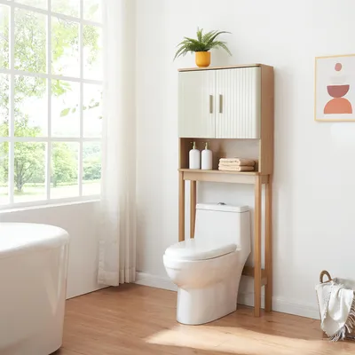 A bathroom scene with a toilet and a cabinet above it, next to a bathtub and a large window.