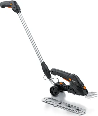 Produktbild von Brandson Akku Grasschere, Gras- und Strauchschere, Heckenschere, elektrische Strauchschere mit Gras- und Strauchmesser, inkl. Teleskopstange 90-130 cm mit Rädern, Ladegerät und 2000 mAh Akku