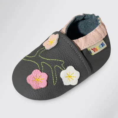 Produktbild von YALION Krabbelschuh Leder grau Blume Motiv Lauflernschuhe 18/19EU