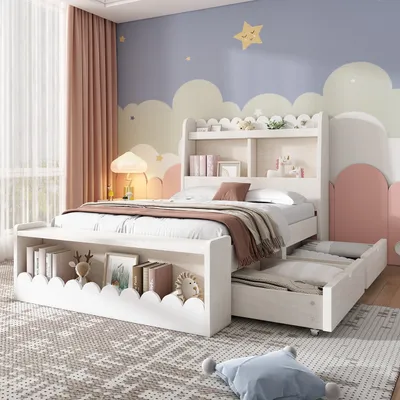 A child's bedroom with a white bed, featuring a pull-out trundle and a bookshelf headboard, decorated with a whimsical cloud and star mural.