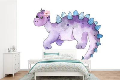 Produktbild von MuchoWow® Fototapete für Wohnzimmer oder Schlafzimmer Wandtapete Vinyl Motivtapete Dinosaurier - Lila  - Tapete Kinderzimmer - Mädchen - Kinder - Rosa - Kind - 330x220 cm - Kindertapete - Fototapeten