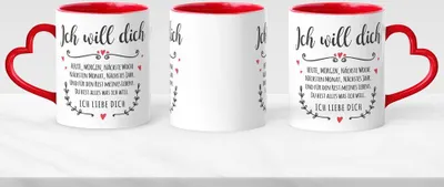 Produktbild von Tasse mit Herz-Henkel Ich will dich heute, morgen .... Ich liebe dich Geschenkidee Valentinstag Freund/Freundin/Partner SpecialMe® ohne Personalisierung inner-rot Herz-Tasse