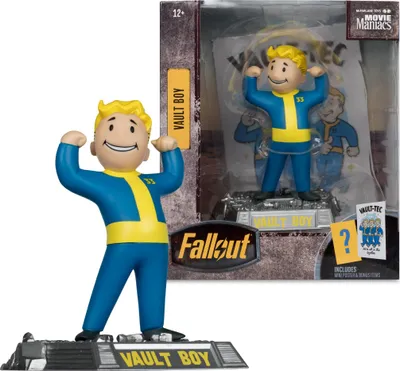 A Fallout Vault Boy action figure in its packaging, with a separate figure displayed in front.