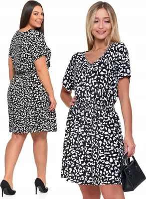 Produktbild von Kurzes Damen Knielanges Kleid, Modisch, Luftig, Schwarz-Weiß, Leopardenmuster, MORAJ S