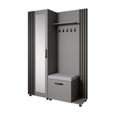 Produktbild von Garderoben-Set LIVIA Rechts Graphit – Garderobenschrank mit Spiegel, Aufhängern, Schuhschrank mit grauem Sitzkissen, Lamellen in Schwarz, Hochschrank