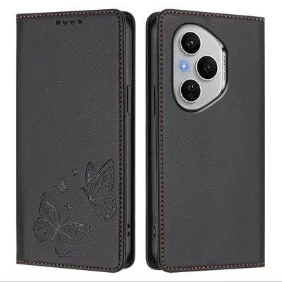 Produktbild von Lederhülle für Honor 400 Pro, Schmetterling Prägung Leder Brieftasche Schutzhülle mit Ständer Schwarz