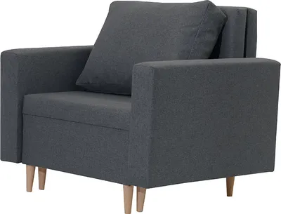 A gray armchair with a single cushion and wooden legs, shown from a side-angle on a white background.