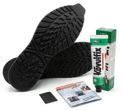 Produktbild von Schuhsohlen Reparaturset mit Gummisohle zum Zuschneiden – inkl. Kövulfix 120g Schuhsohlenkleber und Schleifpapier – DIY Sneaker Reparatur