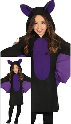 A young girl wearing a bat costume, shown from the chest up in the main image and full body in the inset.