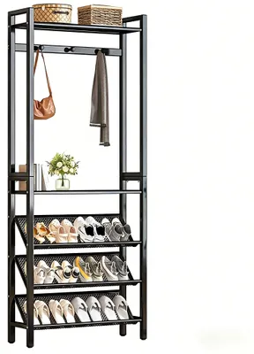 Obrázok produktu pre Skrinek na topánky – organizér do predsiene s vešiakom – 180 cm – kov – s háčikmi – viacúčelový – čierna farba