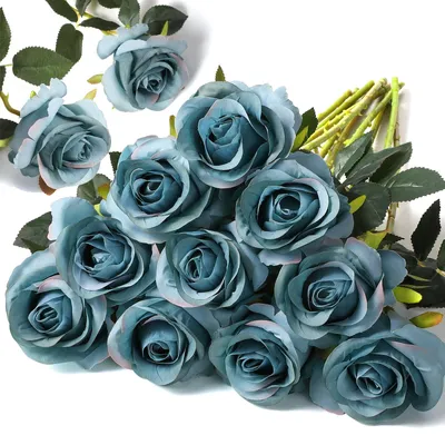 Image de Bouquet de roses artificielles en soie - 12 pièces - Décoration pour la maison et les fêtes - Couleur bleue