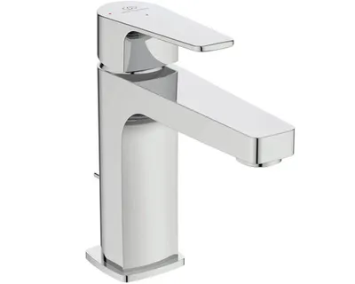 A studio shot of a chrome faucet on a white background.