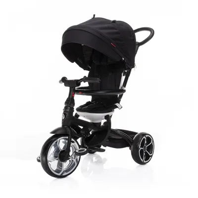 A black tricycle is shown against a white background.