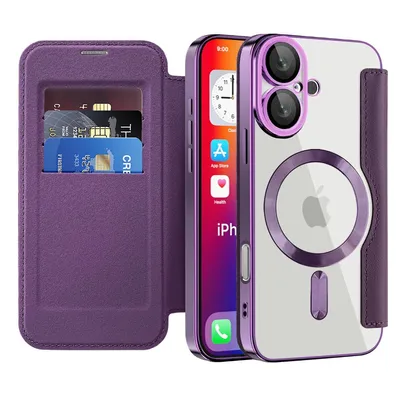 Immagine prodotto di Custodia per iPhone 16 compatibile con MagSafe, custodia trasparente con portacarte, custodia in pelle con protezione della fotocamera Viola