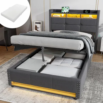 Immagine prodotto di Letto imbottito idraulico MODFU, 90x200 cm, con materasso, luci LED e porta USB, letto contenitore con ampio spazio di stoccaggio, letto per giovani con testiera imbottita, colore grigio