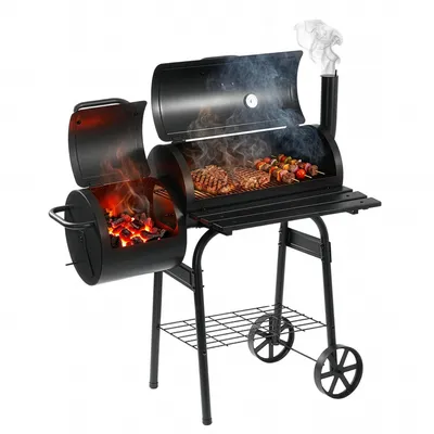 Zdjęcie produktu dla Grill wędzarniowy i węglowy LEHMANN 2 w 1 – 2 komory, pokrywa, wbudowany termometr i uchwyt odporny na wysoką temperaturę, kolor czarny