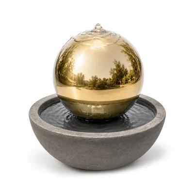 Produktbild von KÖHKO® Goldfarbener Edelstahl-Kugelbrunnen hochglanzpoliert mit LED-Warmlicht für Garten, Terrasse & Innenbereich