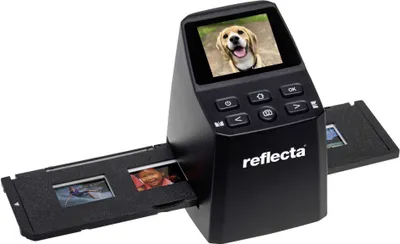 A black Reflecta x22-Scan digital film scanner is shown on a white background, with slide trays extended on either side.